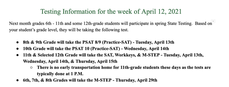 Testing Schedule