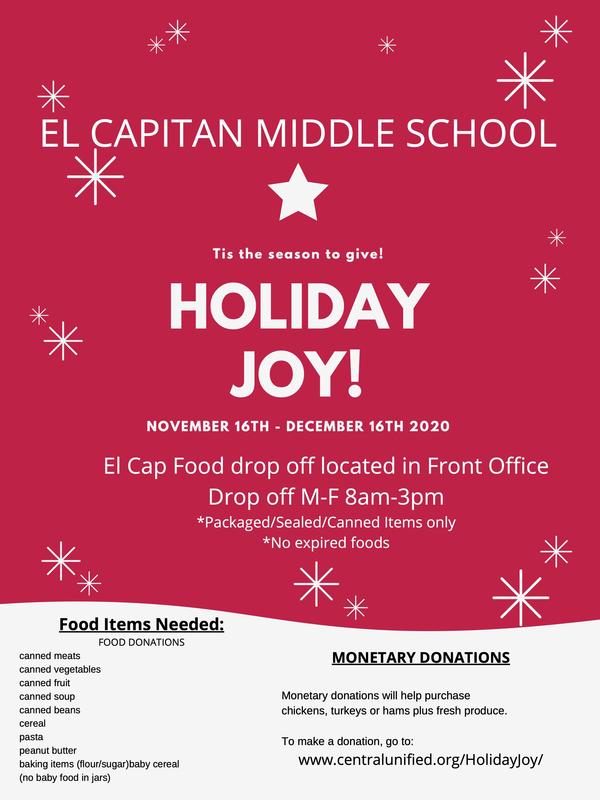 Holiday Joy Food Drive-Drop donations off at El Capitan