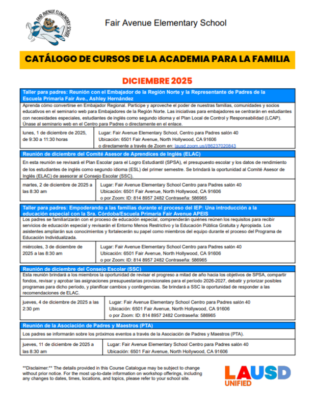 Catálogo de cursos de la Academia Familiar de diciembre