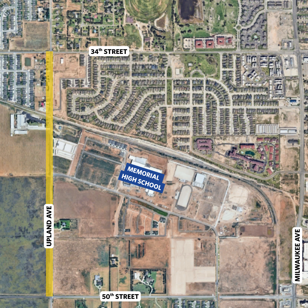 Upland Avenue will be down to one lane from 34th to 50th Street. This will impact traffic to Ridgewood Elementary, Alcove Trails Middle School, and Memorial High School through the end of the 2026-2027 school year.