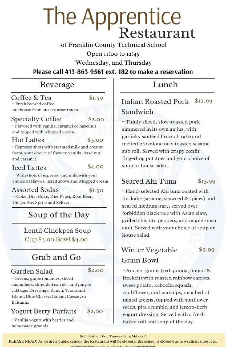 Apprentice Menu 3/11/2026