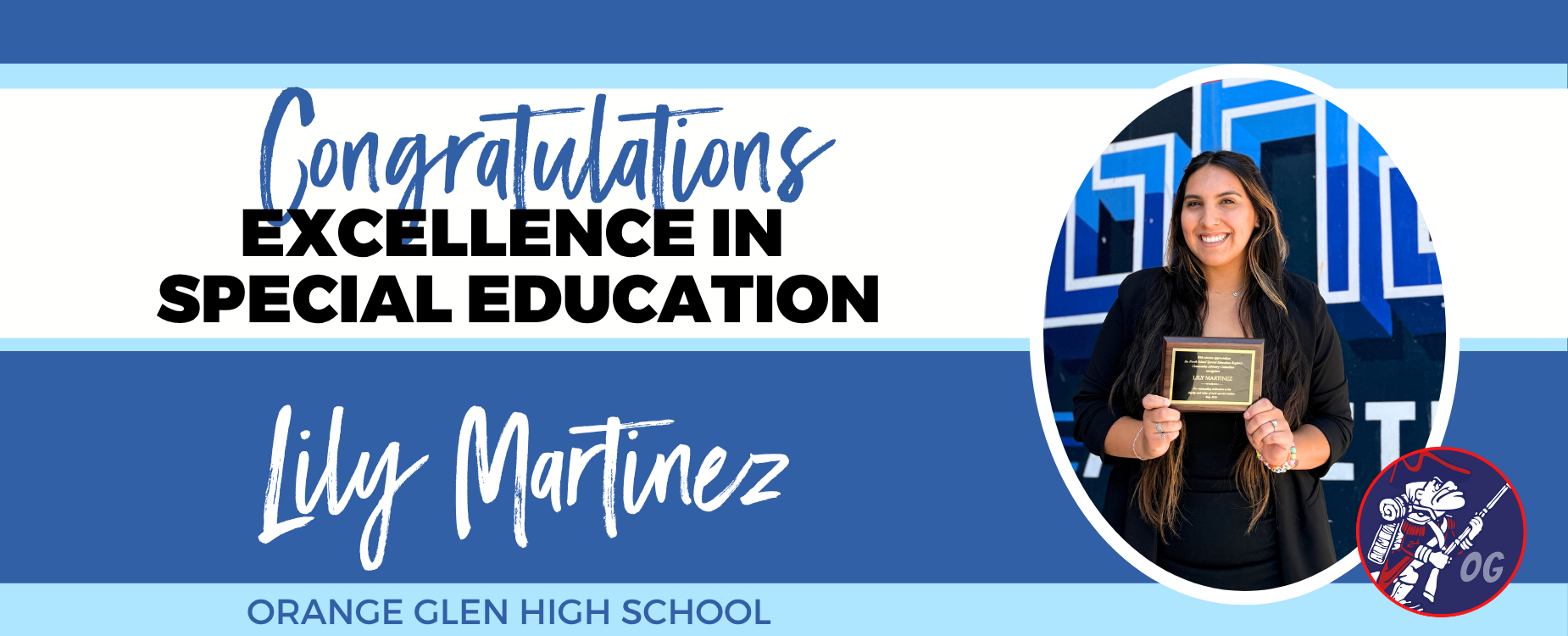 Lily Martinez holding an award for excellence in special education at Orange Glen High School.
