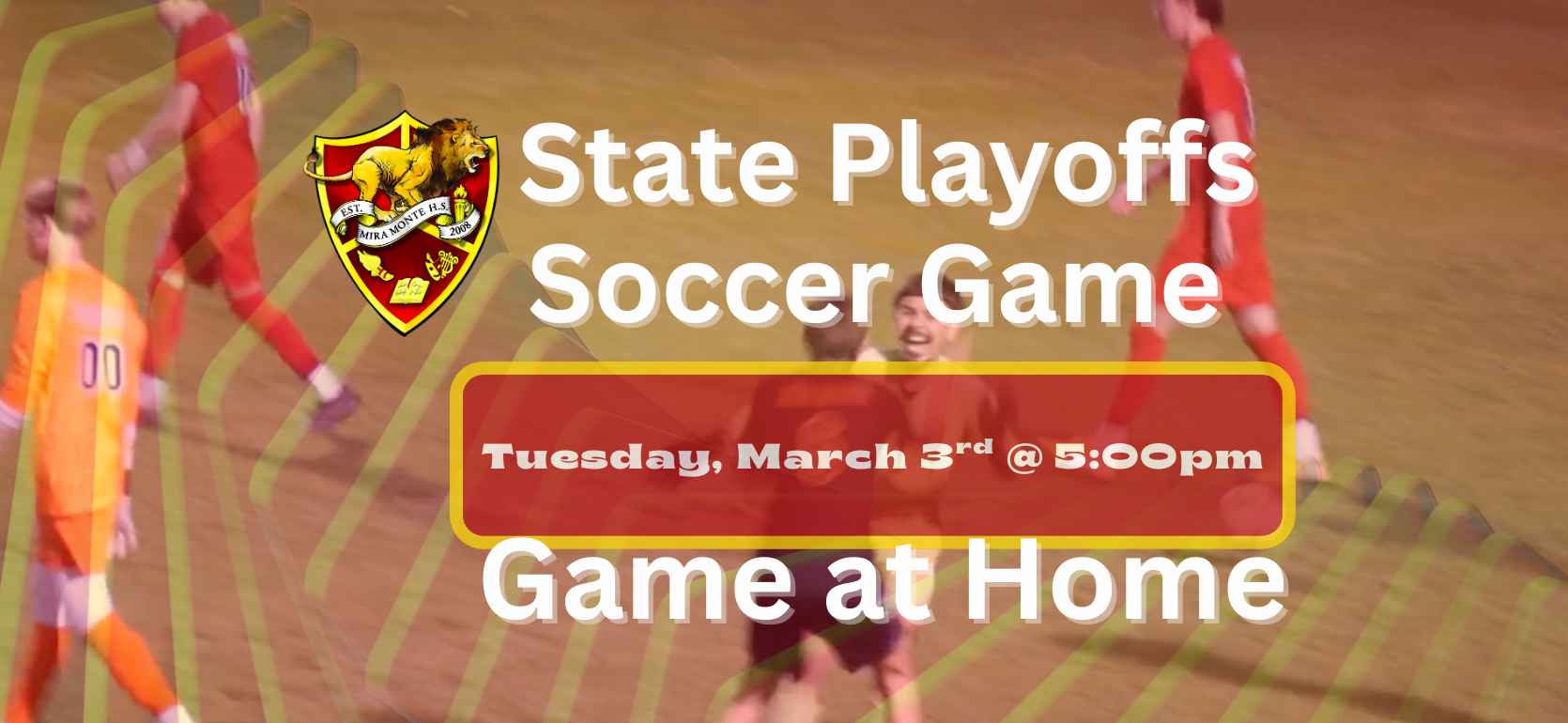 Soccer game promotional graphic with players and event details.