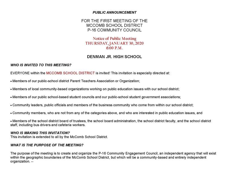 Public Announcement: First meeting of the McComb School District P16 Community Council 2020