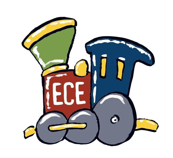 A colorful cartoon train with a green whistle and the letters 'ECE' on the front.