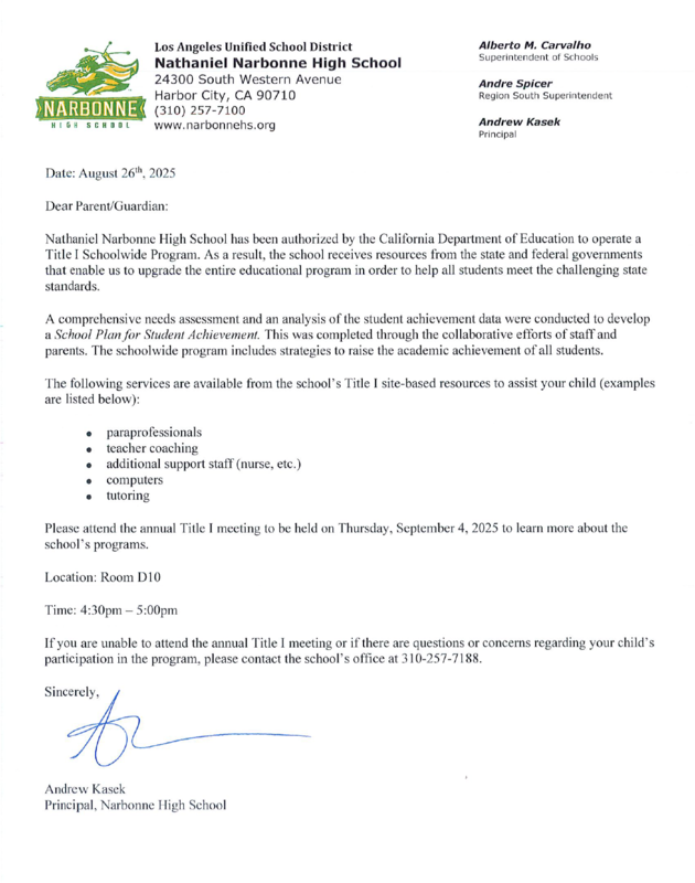 Annual title 1 letter