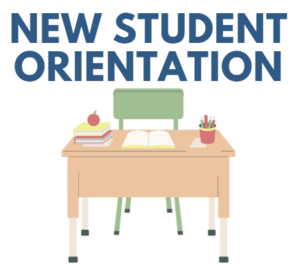 Classroom desk with books, an apple, and stationery for student orientation.