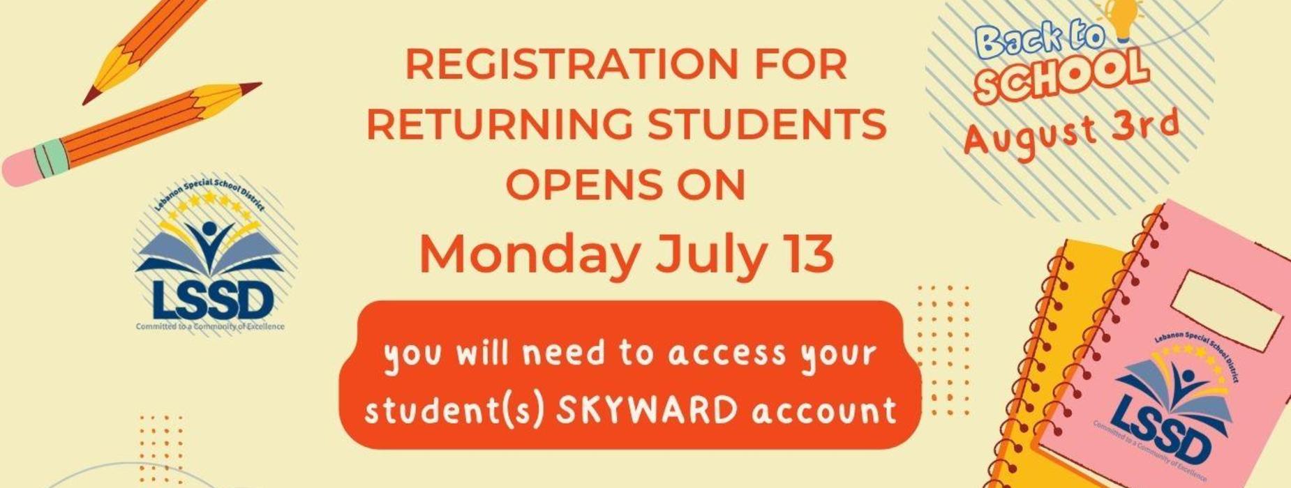 Colorful back-to-school announcement with pencils, notebook, and registration details.