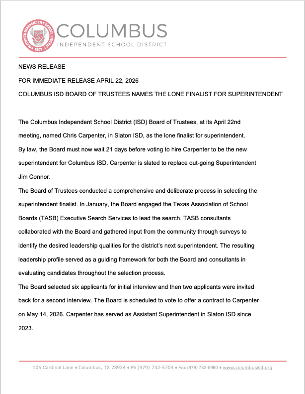 Columbus ISD names the lone finalist for superintendent, Chris Carpenter