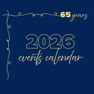 Blue background; 2026 events calendar; 65 years
