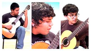 three students shown playing guitar