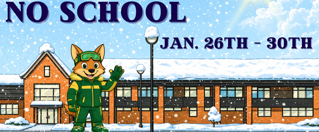 snowy scene. Blue sky. White snow. Brown and black building. Brown coyote wearing green and gold snow gear.