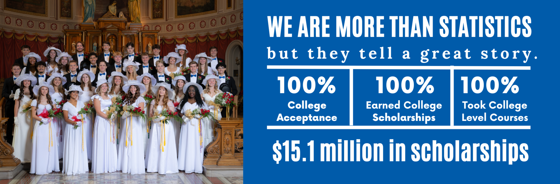 Class of 2025 with graduation statistics. 100% college acceptance rate, 100% received scholarships, and 100% took college level classes.