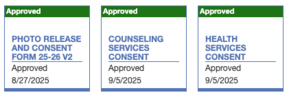 A view of Skyward tiles, which show whether or not you have filled out the consent forms.
