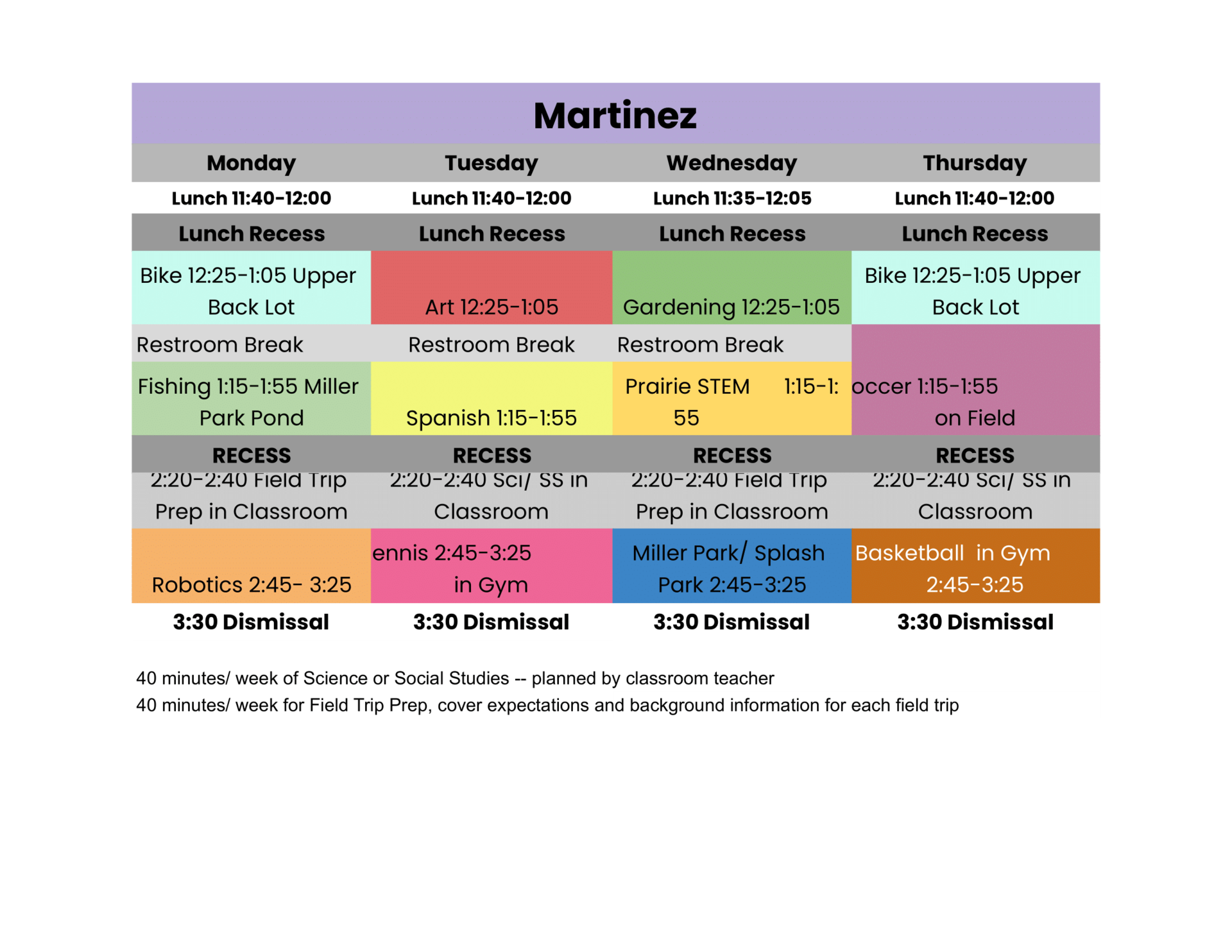 Graphic shows the summer schedule with different colors for each activity.