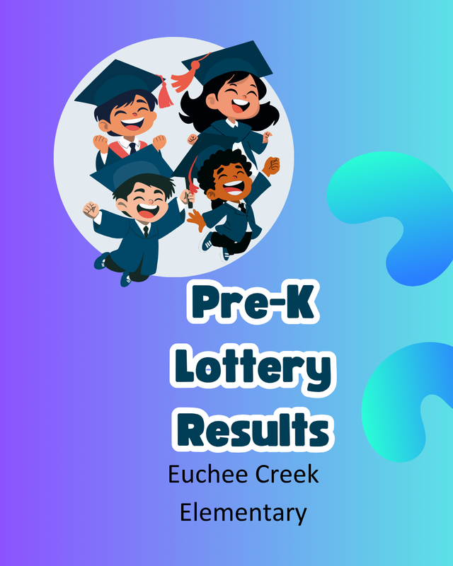 Colorful graphic with joyful children in graduation caps and announcement of lottery results.