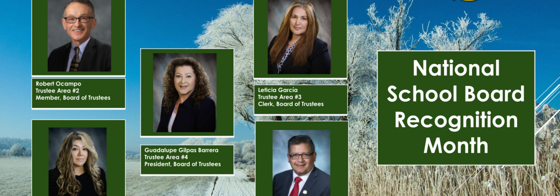 Graphic with pictures of the five Alisal USD trustees with a snowy winter backdrop