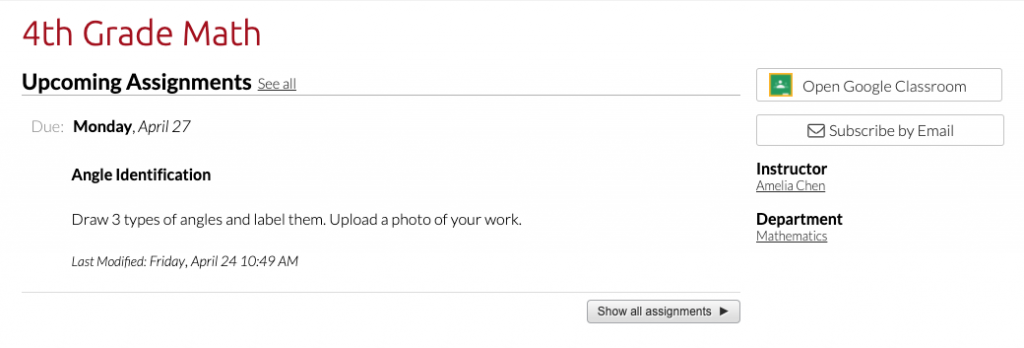 class page on website