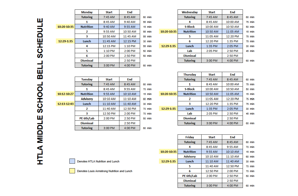 Bell Schedule for 2025-2026 School Year