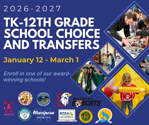 graphic design of a flyer announcing transfer window. Photos of school children and school logos