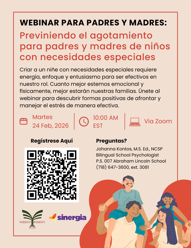 Webinar flyer for parents in Spanish on preventing burnout, with details and QR code.