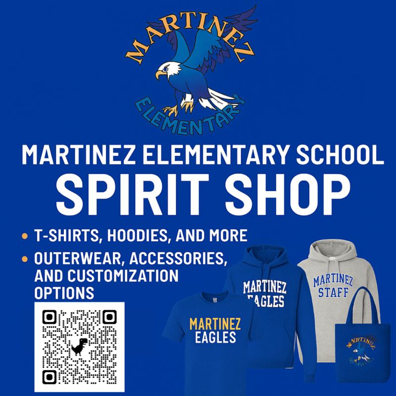 Blue and yellow promotional banner for Martinez Elementary School Spirit Shop.