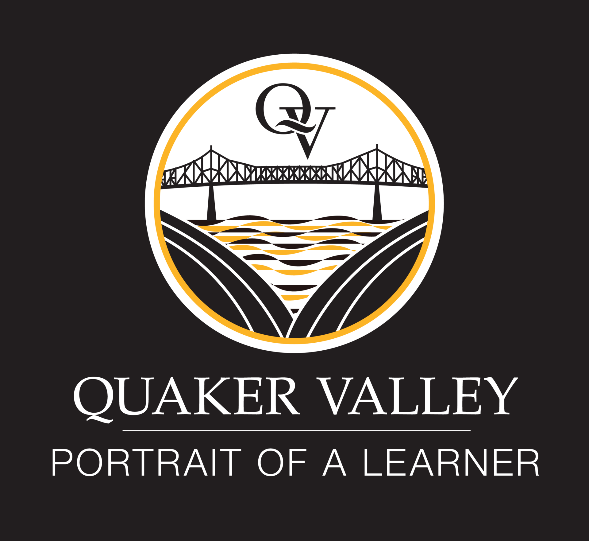Image is the QV Portrait of a Learner Logo. This is a bridge over waves and a valley with the QV icon.