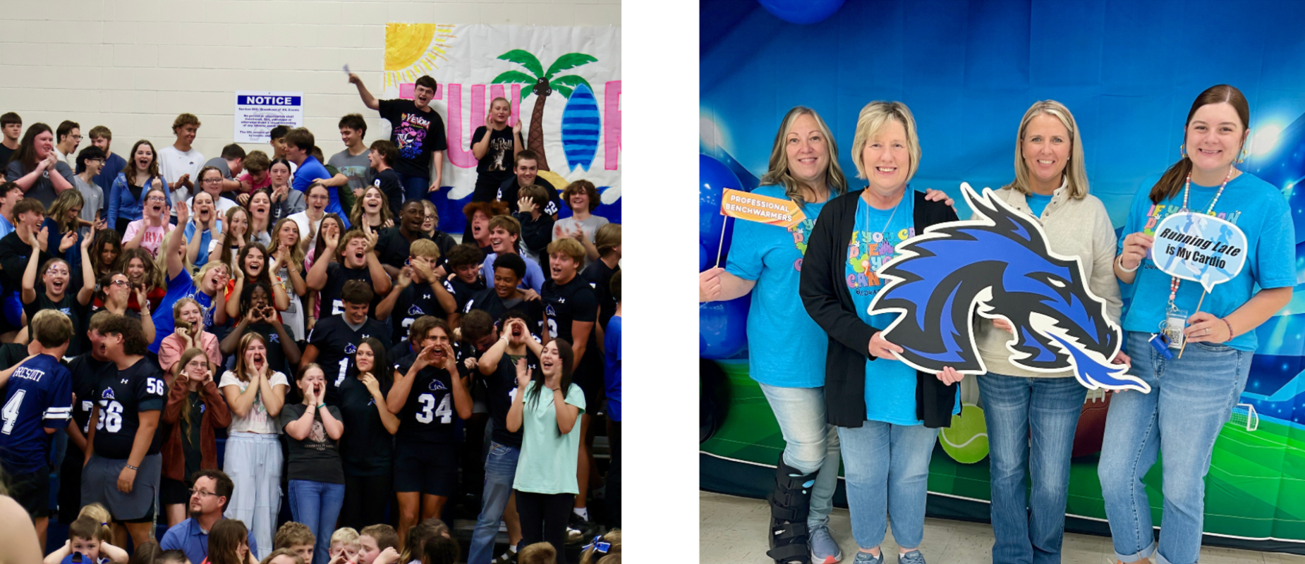 Students cheering at the pep rally and Redwater teachers smiling.