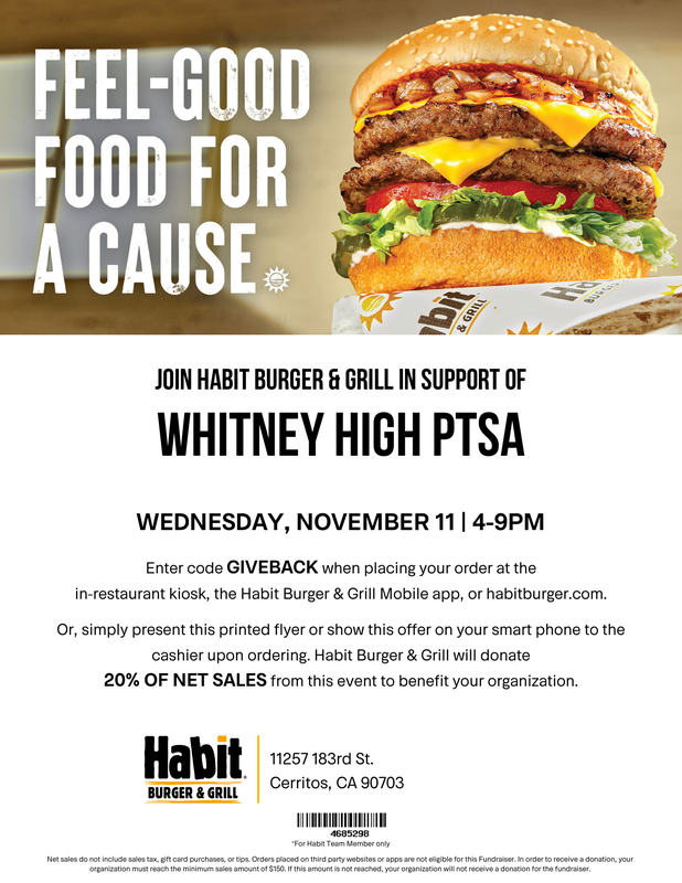 WHS PTSA fundraiser at Habit Burger & Grill on Wednesday, November 11th from 4 - 9pm