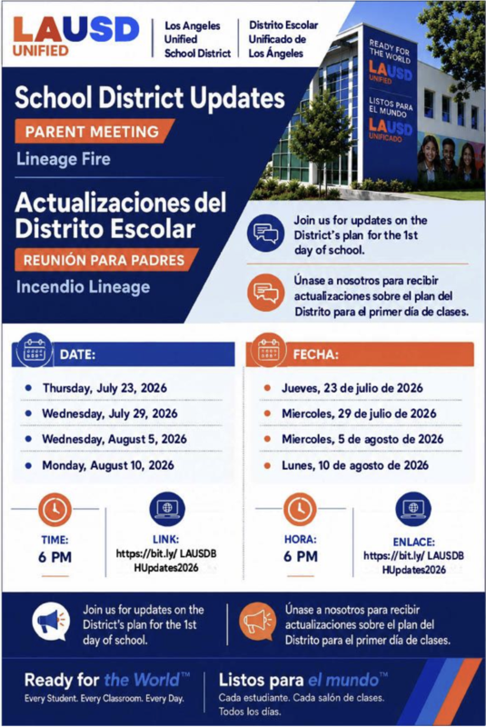 District Flyer on Lineage Fire Updates in English and Spanish