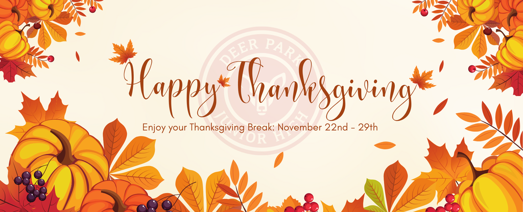 Thanksgiving-themed graphic featuring autumn leaves, pumpkins, and festive text.