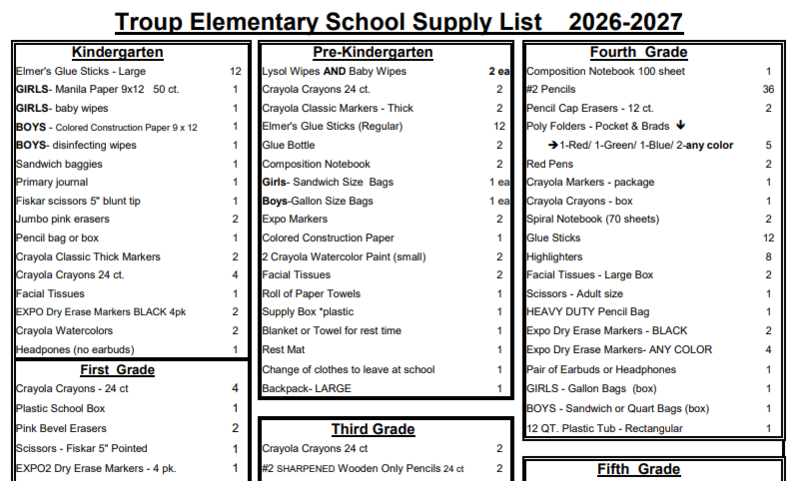 screenshot of TES school supply lists