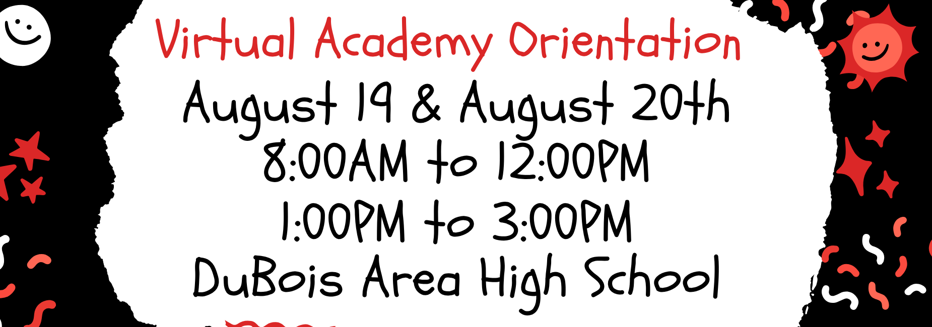 Event announcement for Virtual Academy Orientation with dates and times.