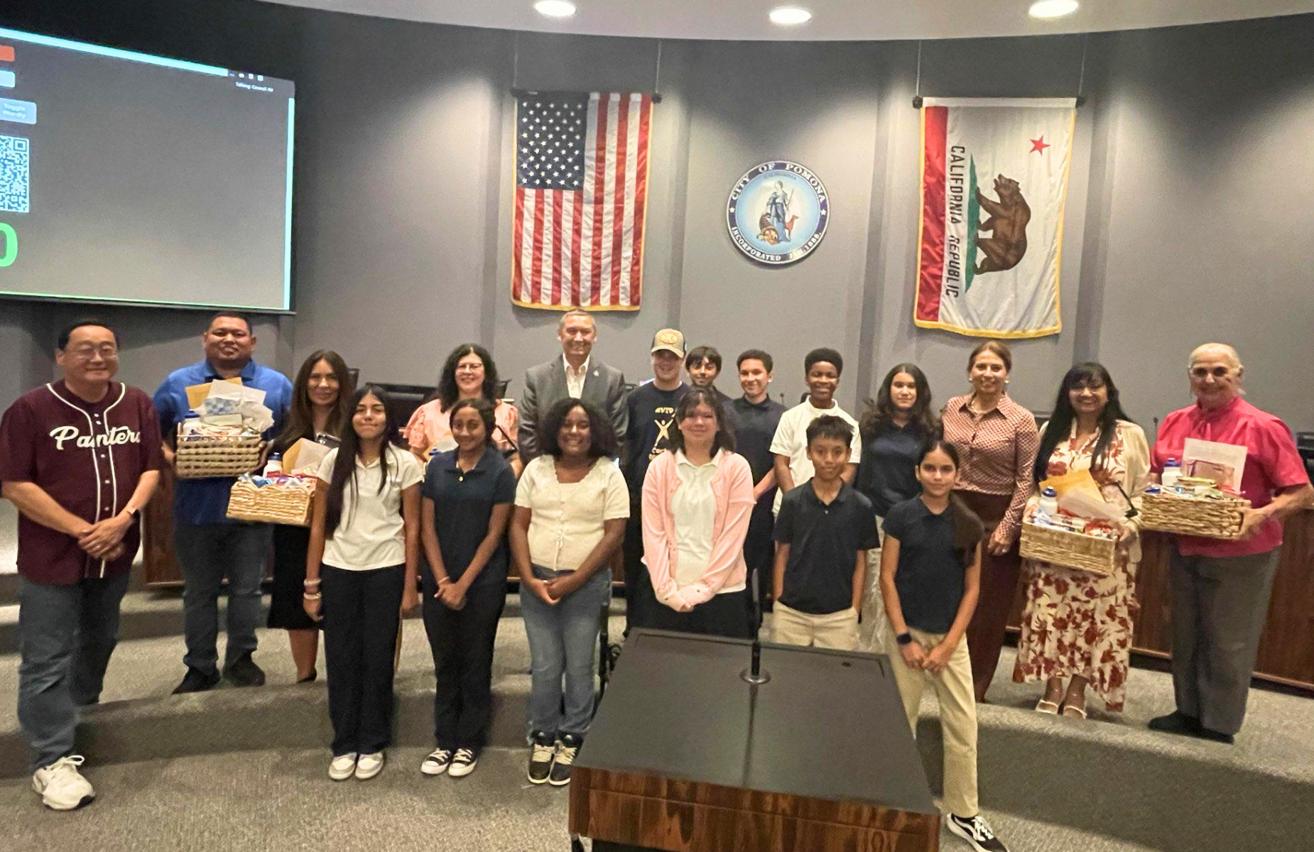 City Hall image for shuffle banner - PUSD student with the Mayor and City Council of Pomona