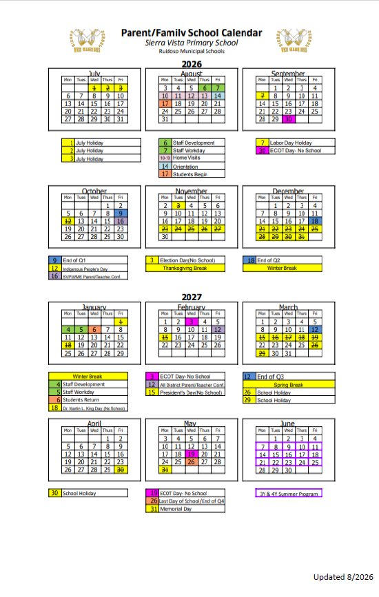  2026-2027 SVP Pre-K Calendar