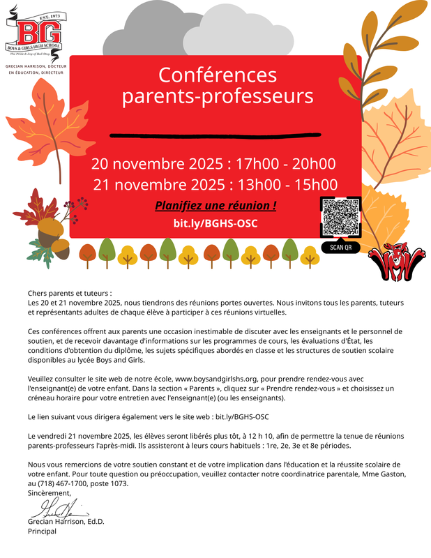 BGHS Letter to Parents for Open School Conferences - November 21-22, 2025 French
