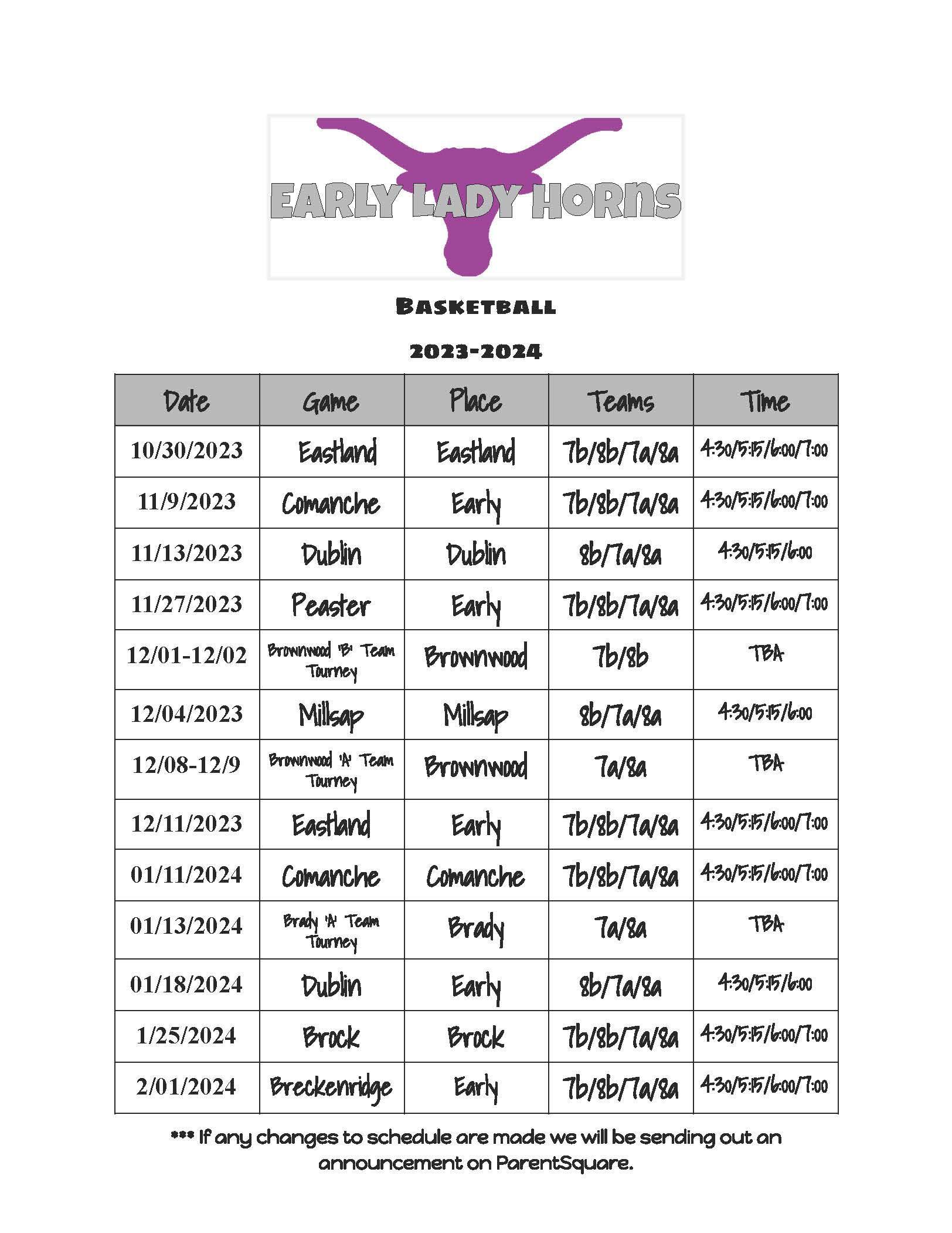 20232024 MS Lady Horns Basketball Athletics Schedules Early