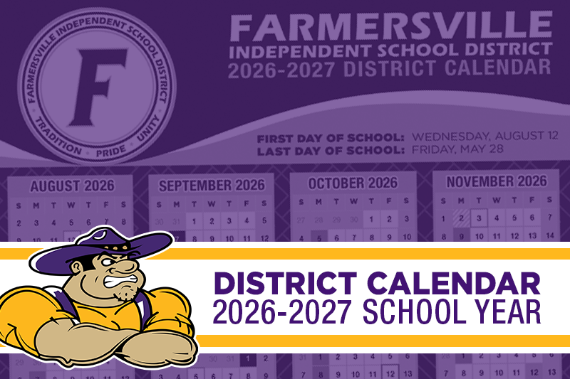purple Calendar image with text saying district calendar 2026-27 and a logo of farmer Joe