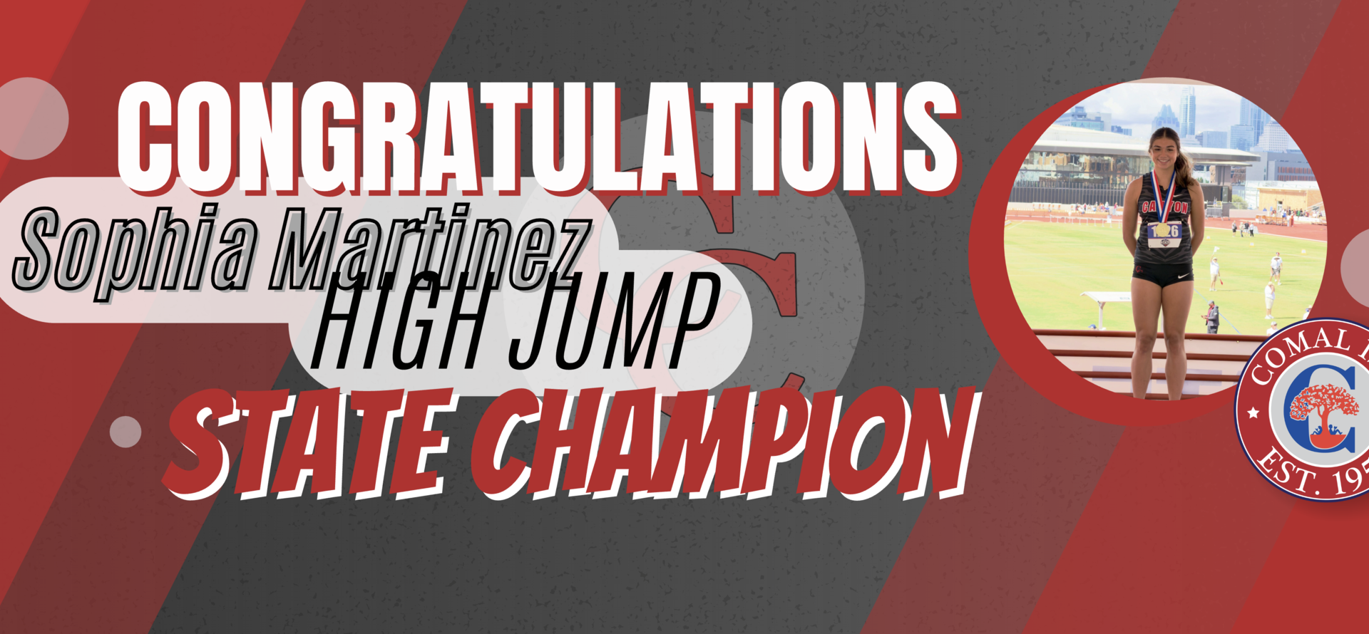 Graphic celebrating Sophia Martinez as the high jump state champion.
