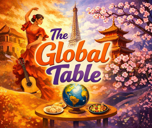 The Global Table with globe Eiffel Tower dancer and food