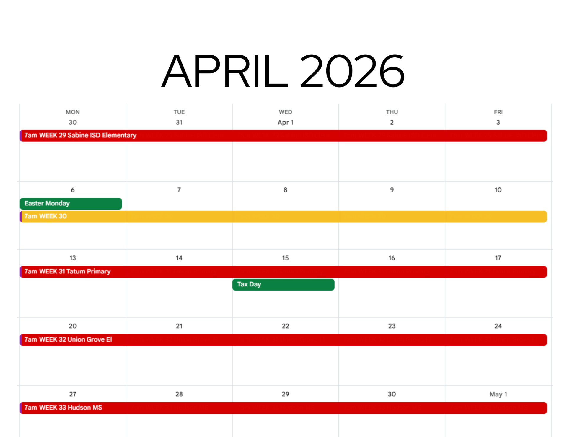 APRIL 2026 calendar.  April 6-10 is still available.