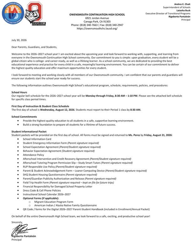 Owensmouth Welcome Back Letter to families_ENGLISH