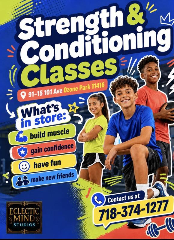 Strength & Conditioning Classes: Three smiling young athletes posing against a colorful background. Highlights building muscle and confidence at 91-15 101 Ave, Ozone Park.