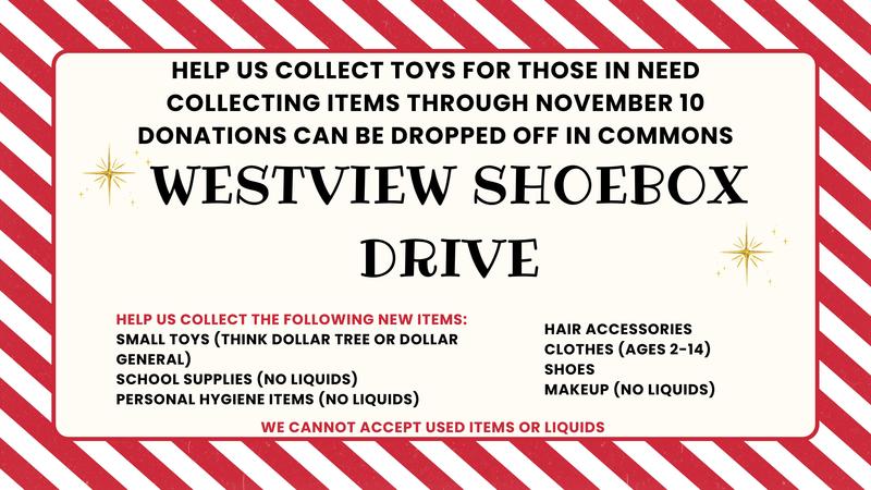 Shoebox Drive until November 10 - Bring small toys, personal hygiene products, school supplies, clothes (ages 2-14), make-up, shoes