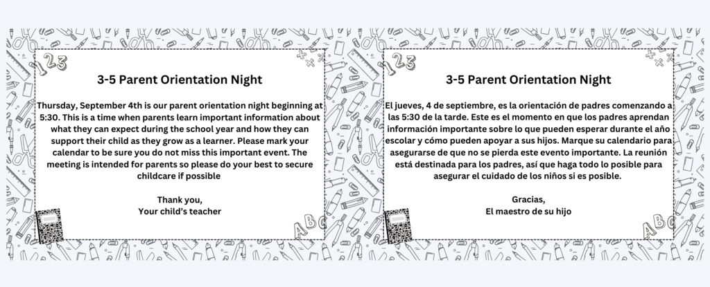 Bilingual flyer for 3-5 Parent Orientation Night with schedule and information details.