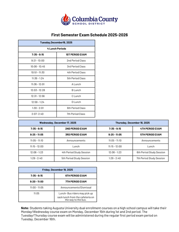 1st Semester Exam Schedule