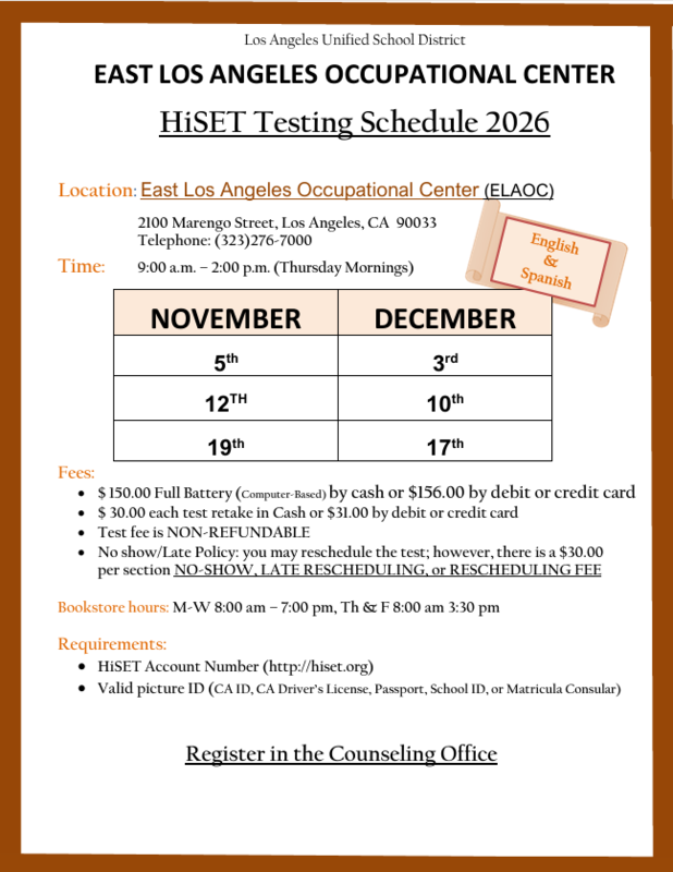 HiSET Testing Schedule