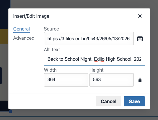 Popup for editing an image with source and alt text input fields.