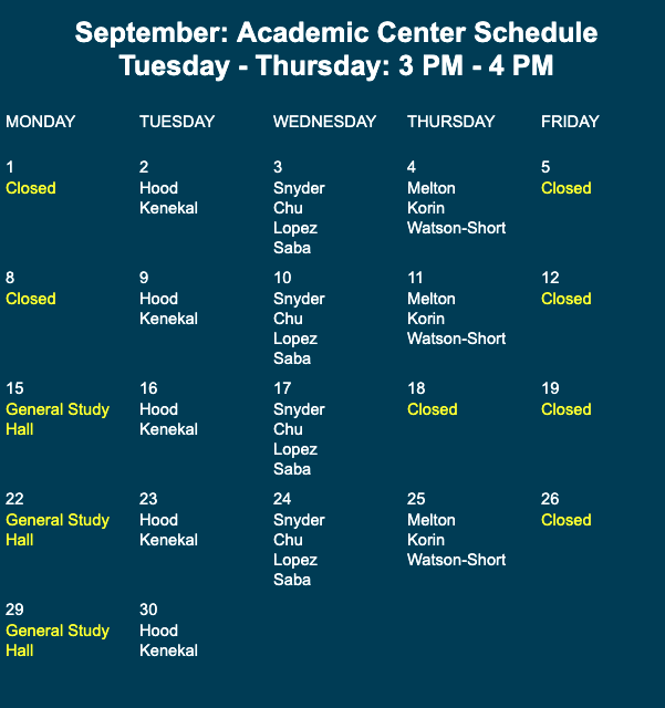 September: Academic Center Schedule