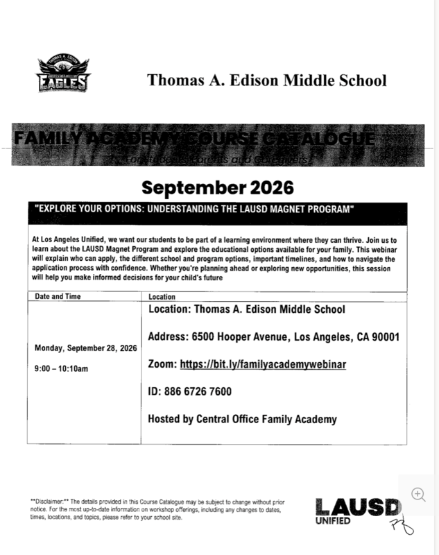 EXPLORE YOUR OPTIONS: UNDERSTANDING THE LAUSD MAGNET PROGRAM"/EXPLORE SUS OPCIONES: COMPRENDER EL PROGRAMA MAGNET DEL LAUSD" -9/28/2026 Featured Photo
